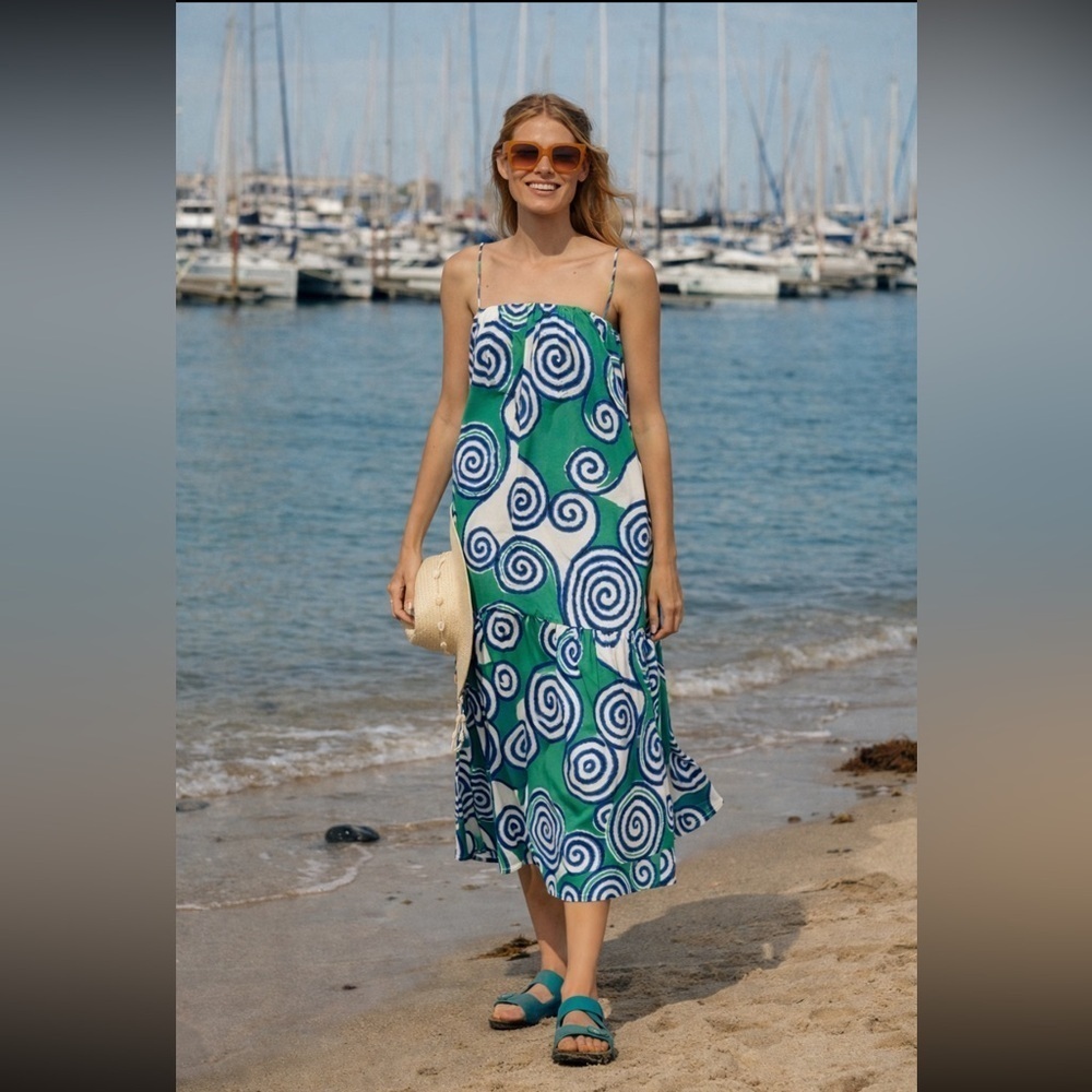 ✅SUPER RARE✅RHODE Anthropologie NWT RHODE Straight-Neck Printed Midi Dress M/L.